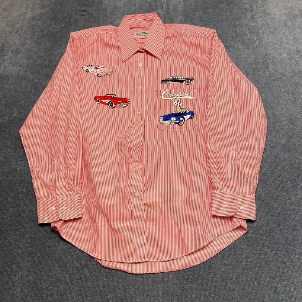 Vintage Get Lucky Shirt Womens Medium Pink Striped Graphic Long Sleeve Button Up